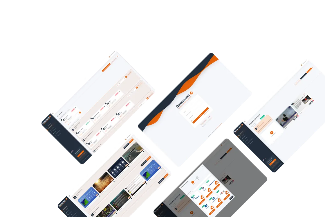 Schermafdrukken van het Flexscreen CMS: schermen, slideshows en slide toevoegen