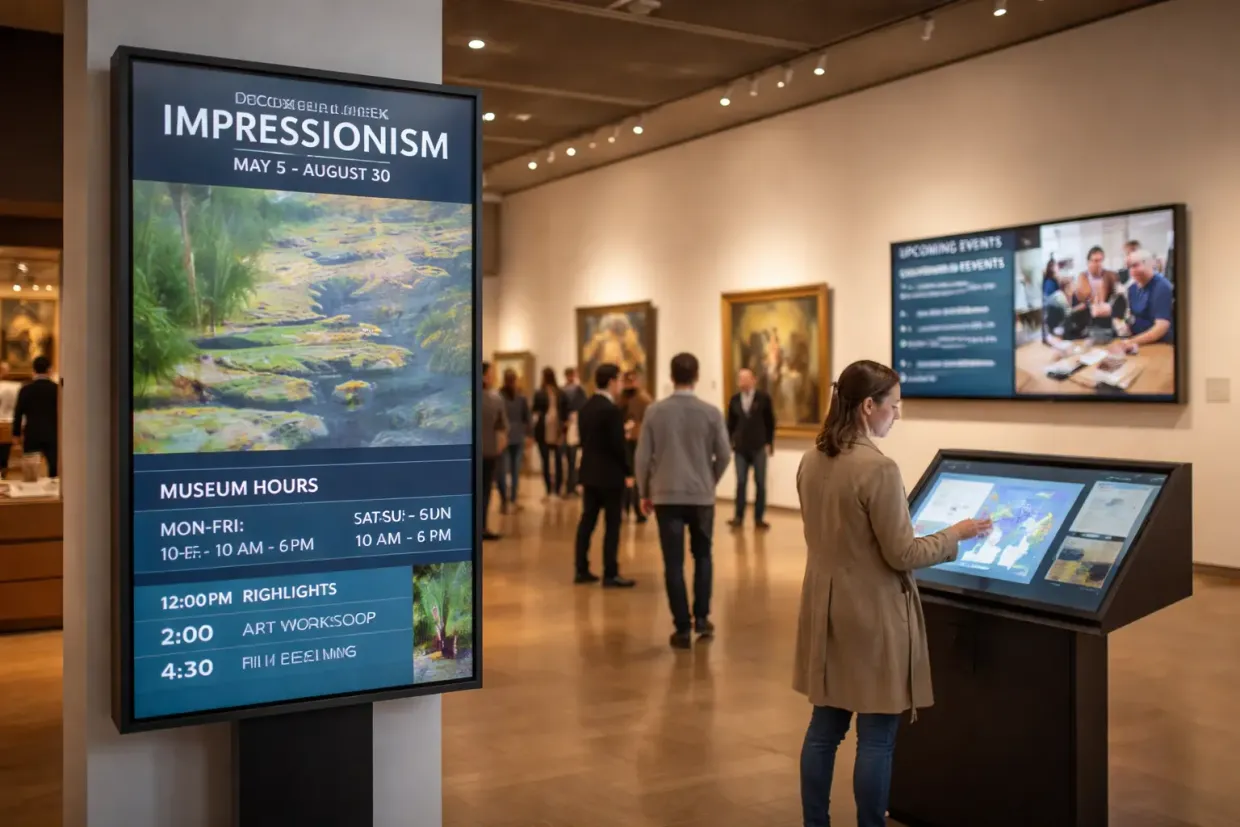 Narrowcasting-scherm met tentoonstellingsinformatie in een museum