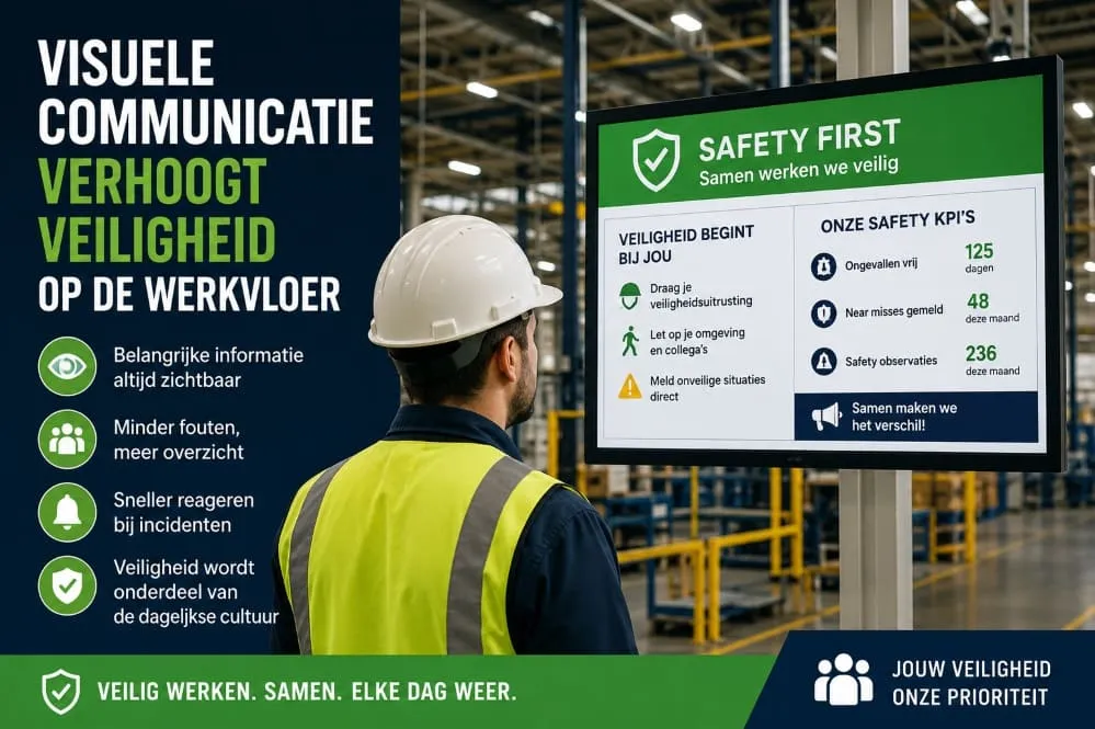 Narrowcasting-scherm met veiligheids- en productie-informatie op een werkvloer
