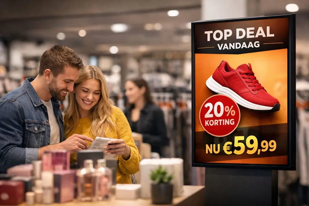 Narrowcasting-scherm met een aanbieding in een winkel